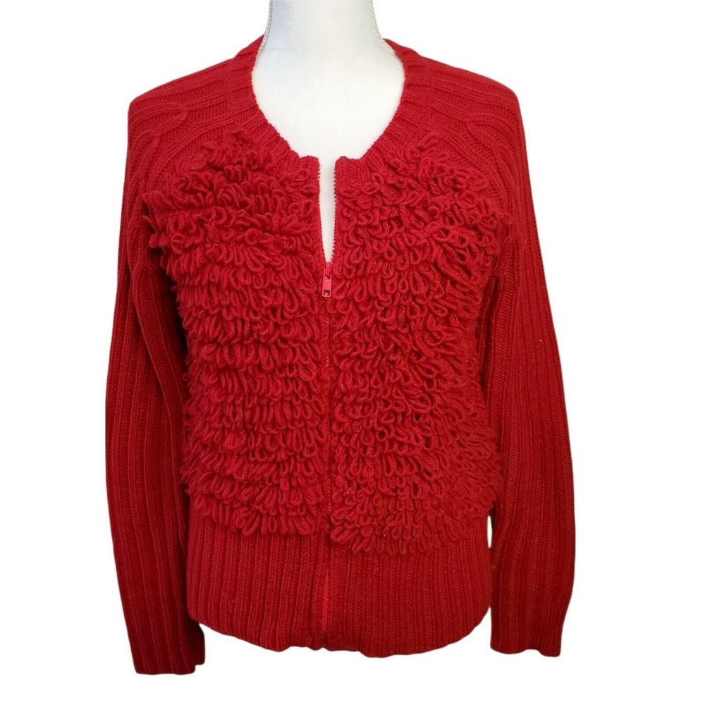 Les Tricots Womens Sweater Sz Large Red Poodle Shaggy Zip Up Long Sleeve Vintage